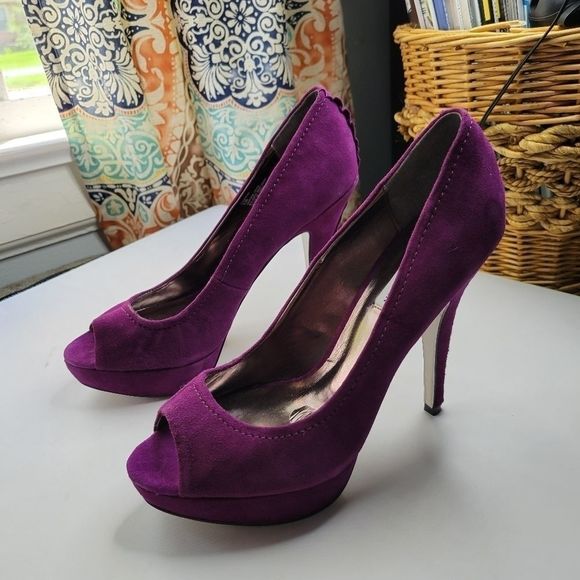 STEVE MADDEN Purple Silver Suade Peep Toe Heels - Picture 1 of 16